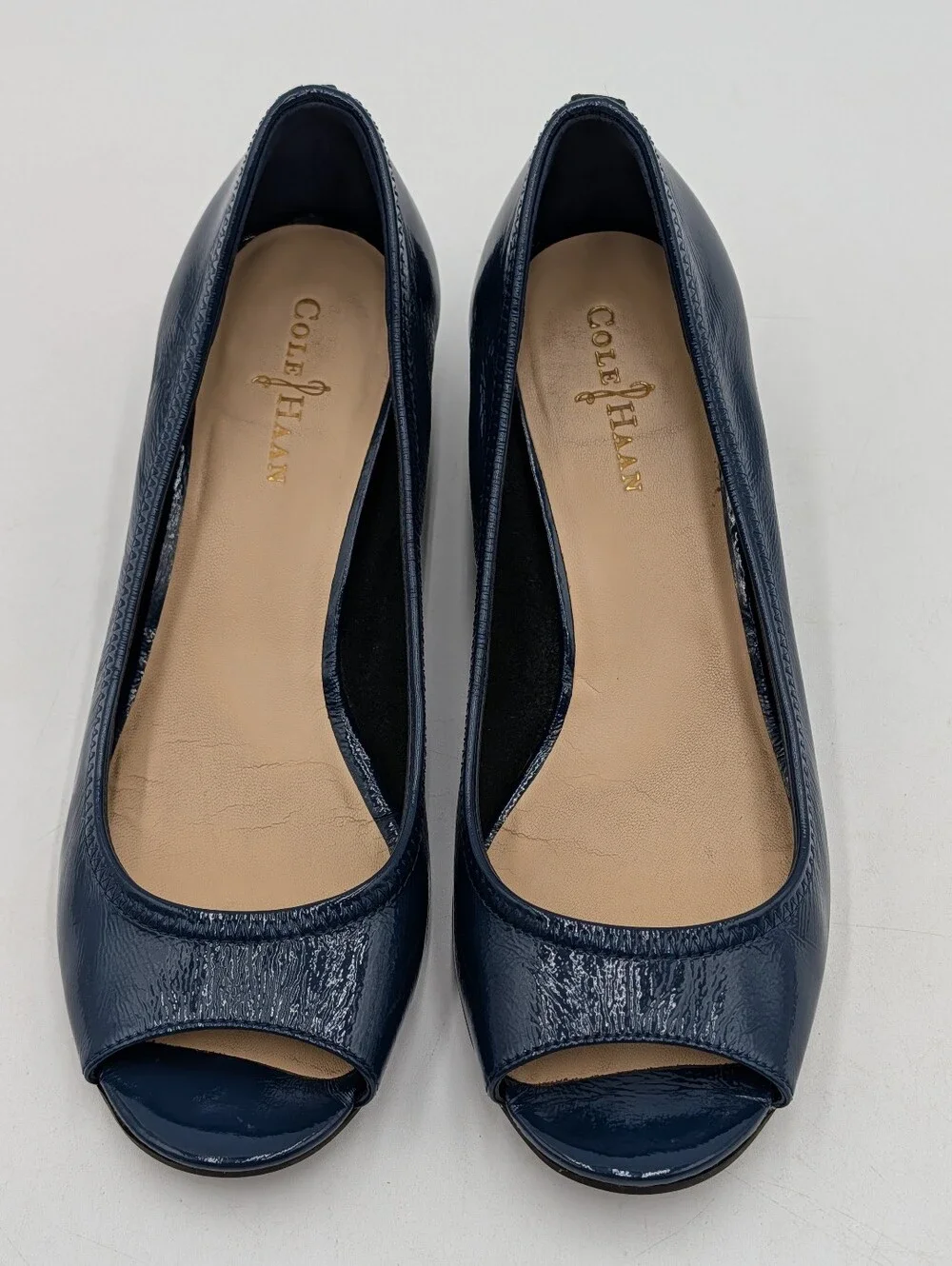 Cole Haan Size 6–6.5 Air Tali Patent Peep Toe Wedge Navy Blue Nike Air Comfort